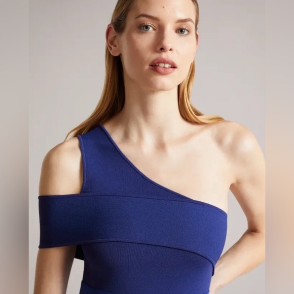 TED BAKER Ivena Asymmetric Knit Bodice Royal Blue Satin Skirt Dress - Picture 4 of 13